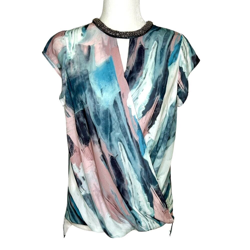 Mossimo Target Abstract Pastel Watercolor Blue Pink Gray Beaded Collar Blouse